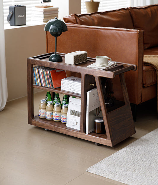 Mazonvintage-Multi-Functional Walnut Wood Side Table with Roller