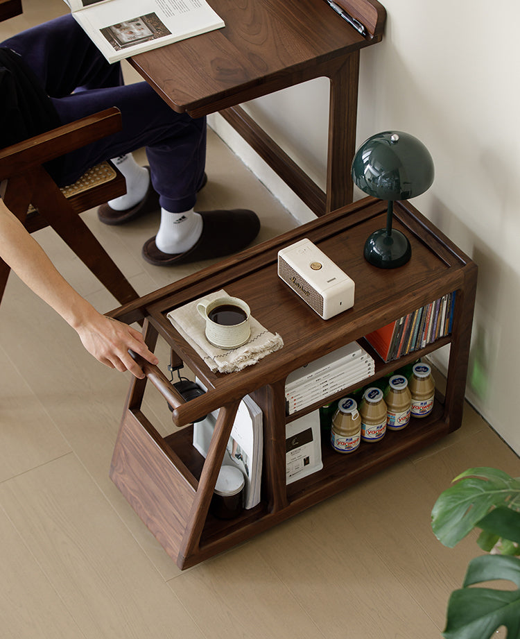 Mazonvintage-Multi-Functional Walnut Wood Side Table with Roller