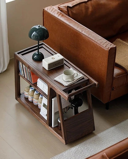 Mazonvintage-Multi-Functional Walnut Wood Side Table with Roller