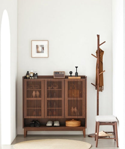 Mazonvintage-Alchemy Grille Doors Walnut Wood Shoe Cabinet