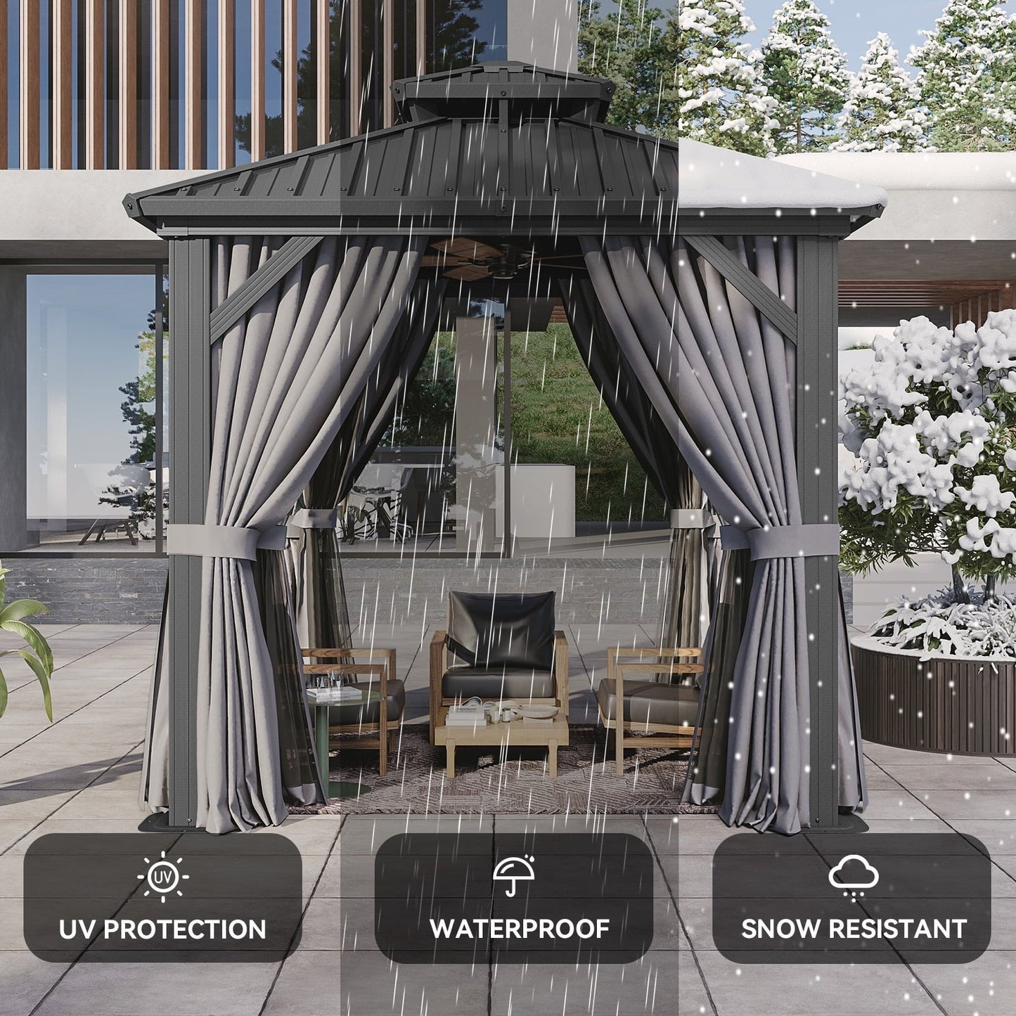 Mazonvintage 8'x8' Hardtop Gazebo, Aluminum Frame Gazebo with Double Galvanized Steel Roof, Outdoor Metal Pavilion with Netting and Curtains for Backyard, Gray