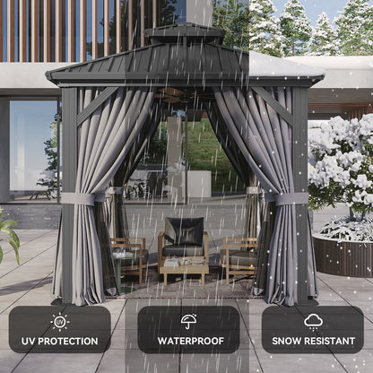 Mazonvintage 8'x8' Hardtop Gazebo, Aluminum Frame Gazebo with Double Galvanized Steel Roof, Outdoor Metal Pavilion with Netting and Curtains for Backyard, Gray