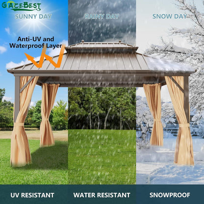 Mazonvintage 12' x 16' Mazonvintage Gazebo, Brown, Double Roof, Galvanized Steel, Netting & Curtains