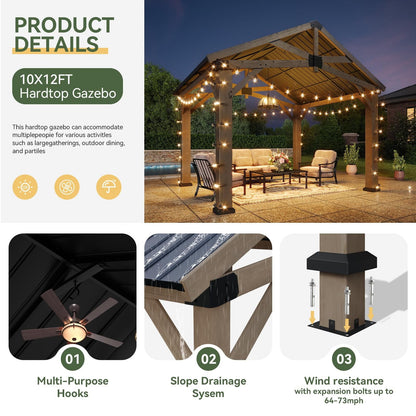 Mazonvintage 10' x 12' Outdoor Wood Gazebo, Hardtop Gazebo Permanent Wooden Pavilion with Galvanized Steel Gable Roof, for Patio, Garden, Deck, Cedar Wood