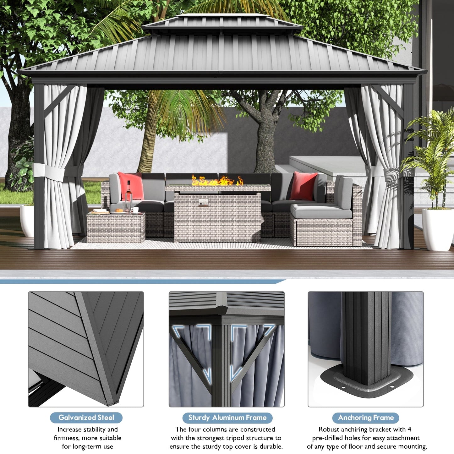 Mazonvintage 12'x16’Outdoor Hardtop Gazebo, Galvanized  Double Roof Aluminum Pavilion with Netting and Curtains for Garden, Patio, Lawns, Gray