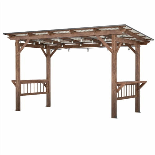 13' x 6.5' Wooden Grill Gazebo with Metal Roof, Bulbs & Bar Counters - Weather-Resistant BBQ Shelter