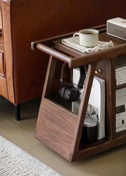 Mazonvintage-Multi-Functional Walnut Wood Side Table with Roller