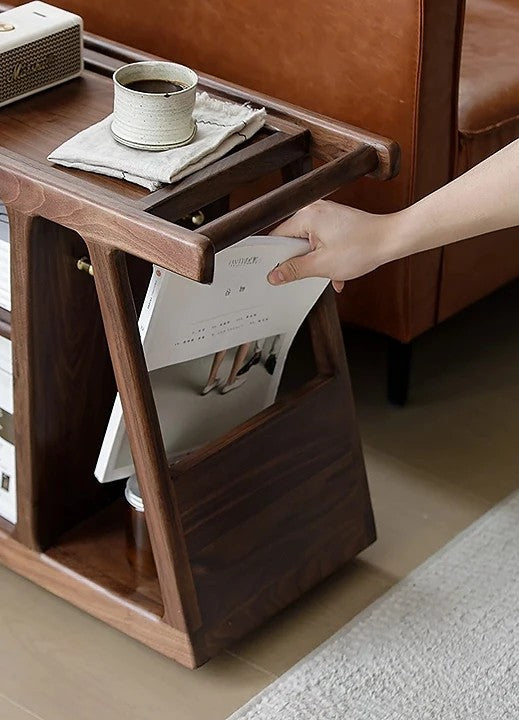 Mazonvintage-Multi-Functional Walnut Wood Side Table with Roller