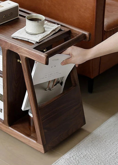 Mazonvintage-Multi-Functional Walnut Wood Side Table with Roller