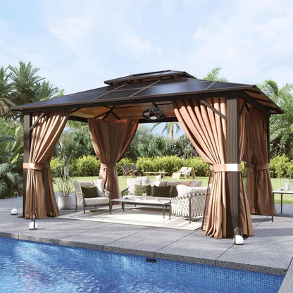 Mazonvintage 10'x12' Hardtop Gazebo, Aluminum Frame Permanent Pavilion, Outdoor Polycarbonate Gazebo, Double Roof Canopy, and 20” Outdoor Fan Lights