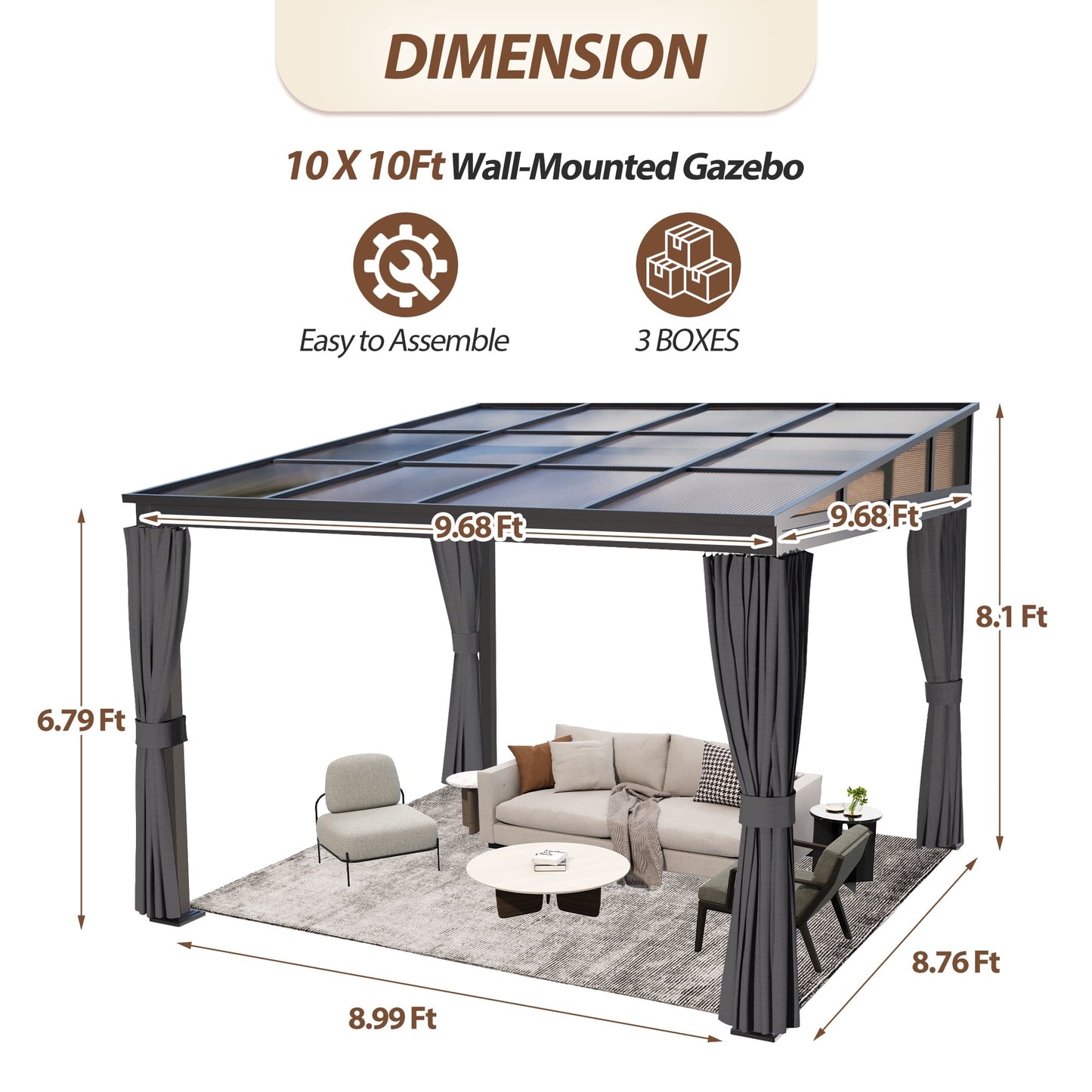 10'x 10' Wall Mounted Gazebo, Lean to Gazebo with Aluminum Frame, Polycarbonate Hardtop Gazebos Pergola with Sloping Roof for Outdoor, Mazonvintage, Patio