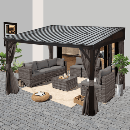 Mazonvintage Outdoor Living 8' x 12' Hardtop Lean-to Gazebo, Wall-Mounted with Galvanized Steel Roof Wall Pergola with Aluminum Frame, Curtains and Netting, for Patio, Deck, Garden, Backyard