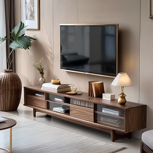 Low Wooden TV Unit with Open Shelf and Storage, Perfect for Modern Interiors
