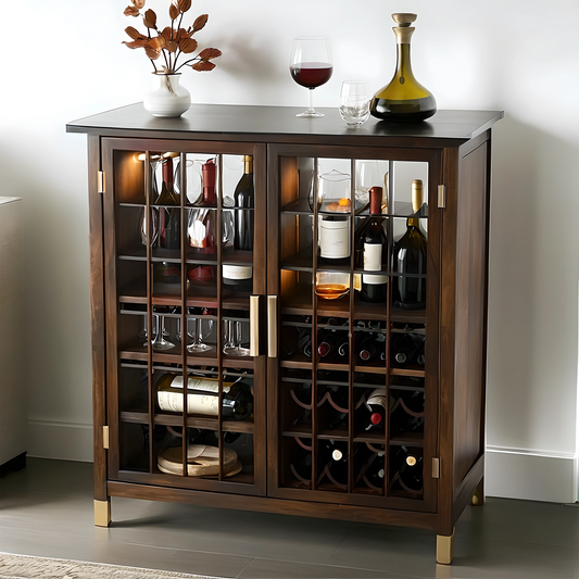 Modern Wooden Wine Cabinet with Glass Doors, Luxury Storage for Wine Bottles and Glasses