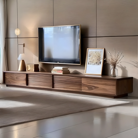 Mid-Century Modern Solid Wood TV Stand with Slatted Front Design, Stylish and Durable