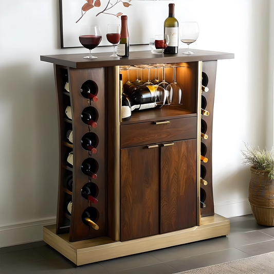 Solid Walnut Wine Storage Cabinet with Grid Shelves and Glass Display Doors