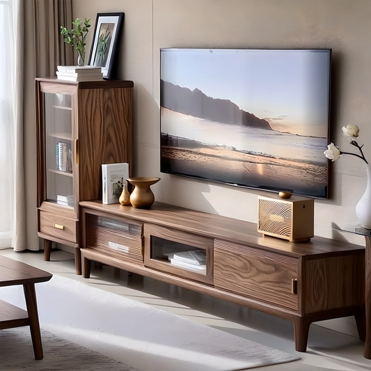 Long Wooden TV Console with Hidden Drawers, Contemporary Living Room Furniture