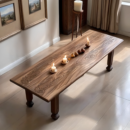 Rustic Solid Wood Coffee Table with Hand-Carved Details, Farmhouse Style