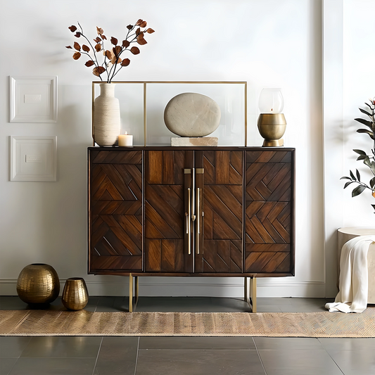 Mid-Century Style Wine Cabinet in Solid Wood, Storage for Bottles and Glassware