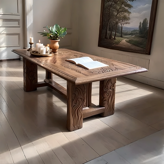 Handcrafted Solid Wood Coffee Table with Intricate Carvings, Rustic Luxury Design