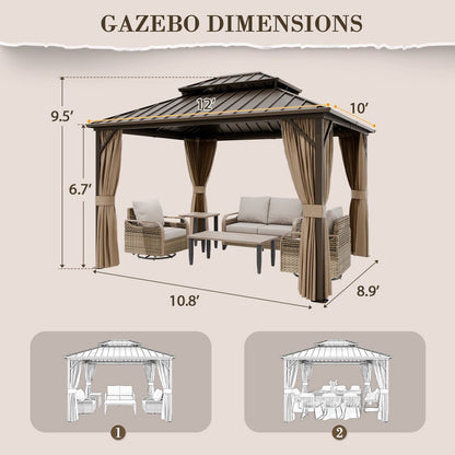 Mazonvintage PEAK 10'x 12' Outdoor Patio Hardtop Gazebo with Aluminum Frame, Galvanized Steel Double Roof with Netting and Curtains for Garden, Yard, Lawns, Brown