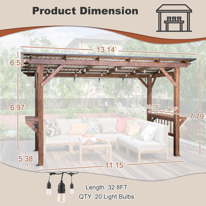 13' x 6.5' Wooden Grill Gazebo with Metal Roof, Bulbs & Bar Counters - Weather-Resistant BBQ Shelter