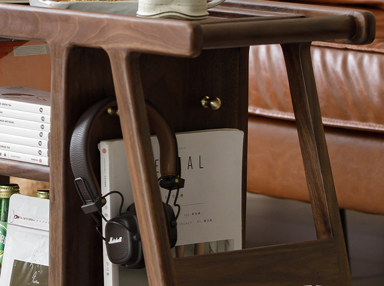 Mazonvintage-Multi-Functional Walnut Wood Side Table with Roller