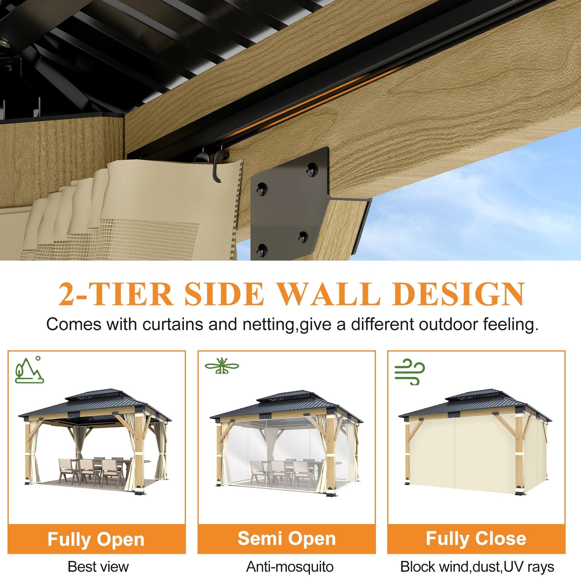 Mazonvintage 11 x 13 ft. Patio Cedar Wood Gazebo, Double Metal Roof Hardtop Wooden Gazebos with Curtains and Netting for Mazonvintage, Deck, Lawns