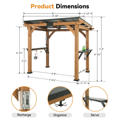 Mazonvintage Shade Grill Gazebo 6' X 8', Cedar Wood Gazebo with Shelves and Paper Towel Holder, Patio Gazebo with Galvanized Steel Roof, USB and USB-C Charging Ports, BBQ Gazebo for Patio Backyard