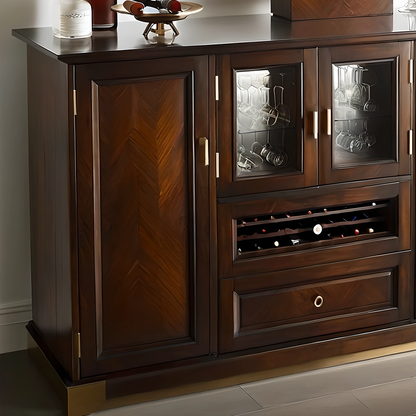 Walnut Wood Wine Cabinet with Elegant Gold Handles and Grid Storage Design