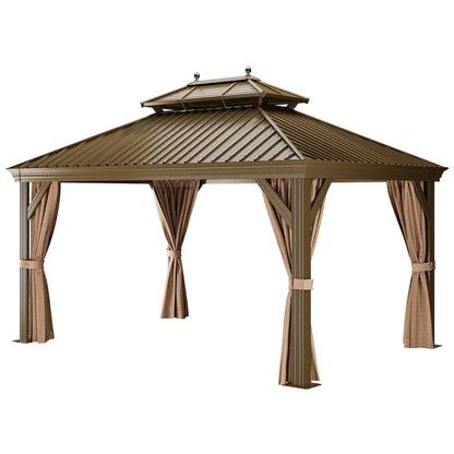 Mazonvintage 12' x 14'  Outdoor Hardtop Gazebo with Netting & Shaded Curtains, Heavy Duty Double Roof Galvanized Steel Garden Tent for Patio, Mazonvintage, Bronze
