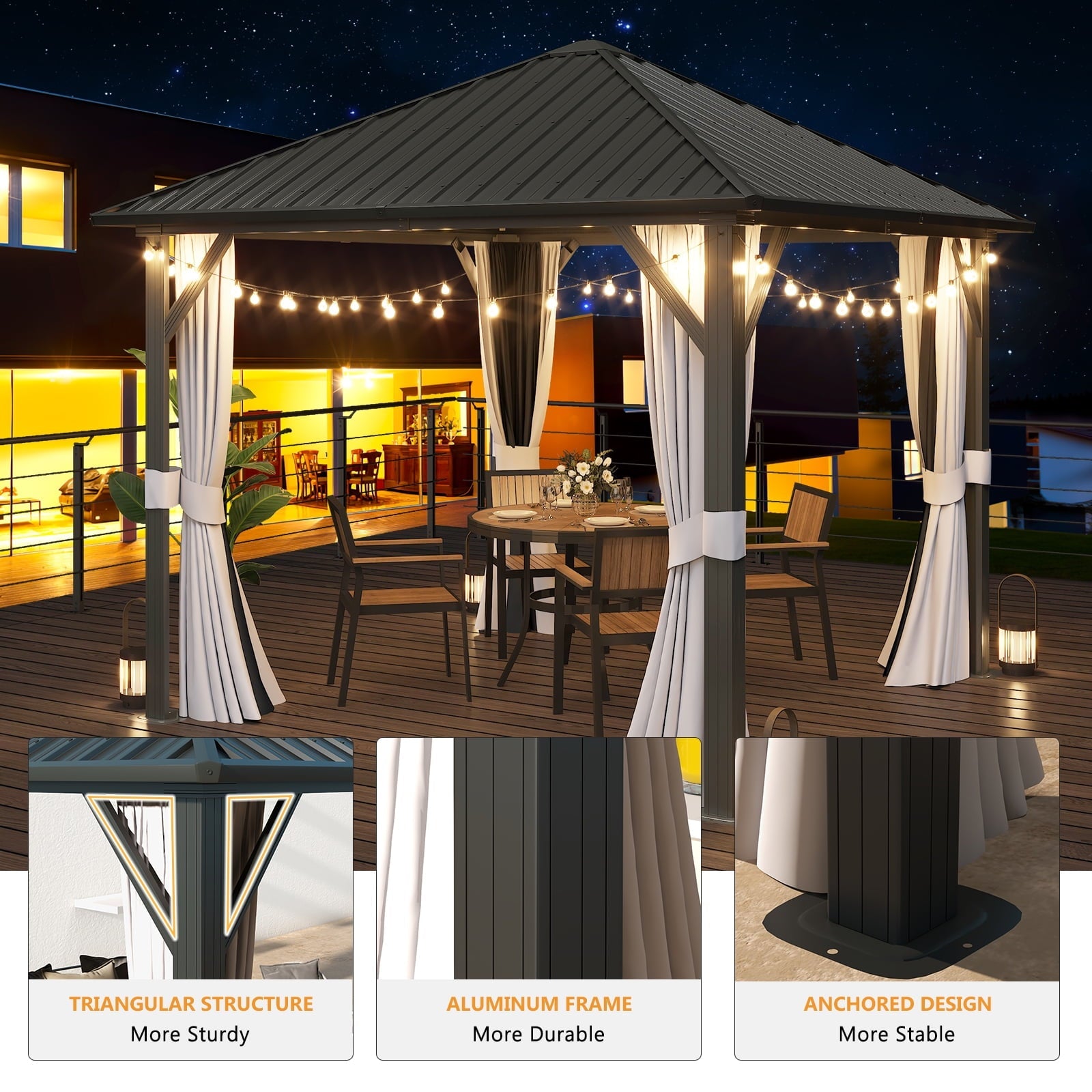 Mazonvintage 10x 10 Hardtop Gazebo, Outdoor Aluminum Frame Canopy with Netting and Curtain for Garden, Patio, Lawns, Gray