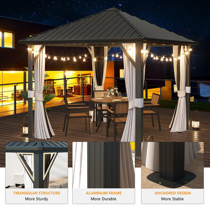 Mazonvintage 10x 10 Hardtop Gazebo, Outdoor Aluminum Frame Canopy with Netting and Curtain for Garden, Patio, Lawns, Gray