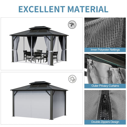 Mazonvintage 10 ft. x 12 ft. Outdoor Hardtop Gazebo, Galvanized Steel Double Roof Gazebo with Curtain and Netting, Gray