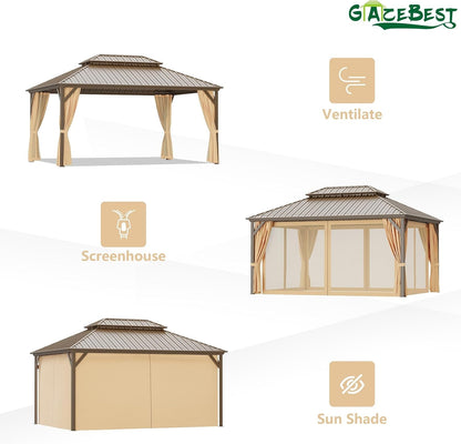 Mazonvintage 12' x 16' Mazonvintage Gazebo, Brown, Double Roof, Galvanized Steel, Netting & Curtains
