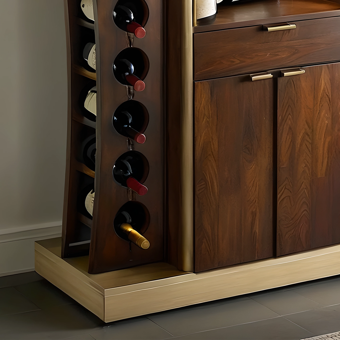 Solid Walnut Wine Storage Cabinet with Grid Shelves and Glass Display Doors