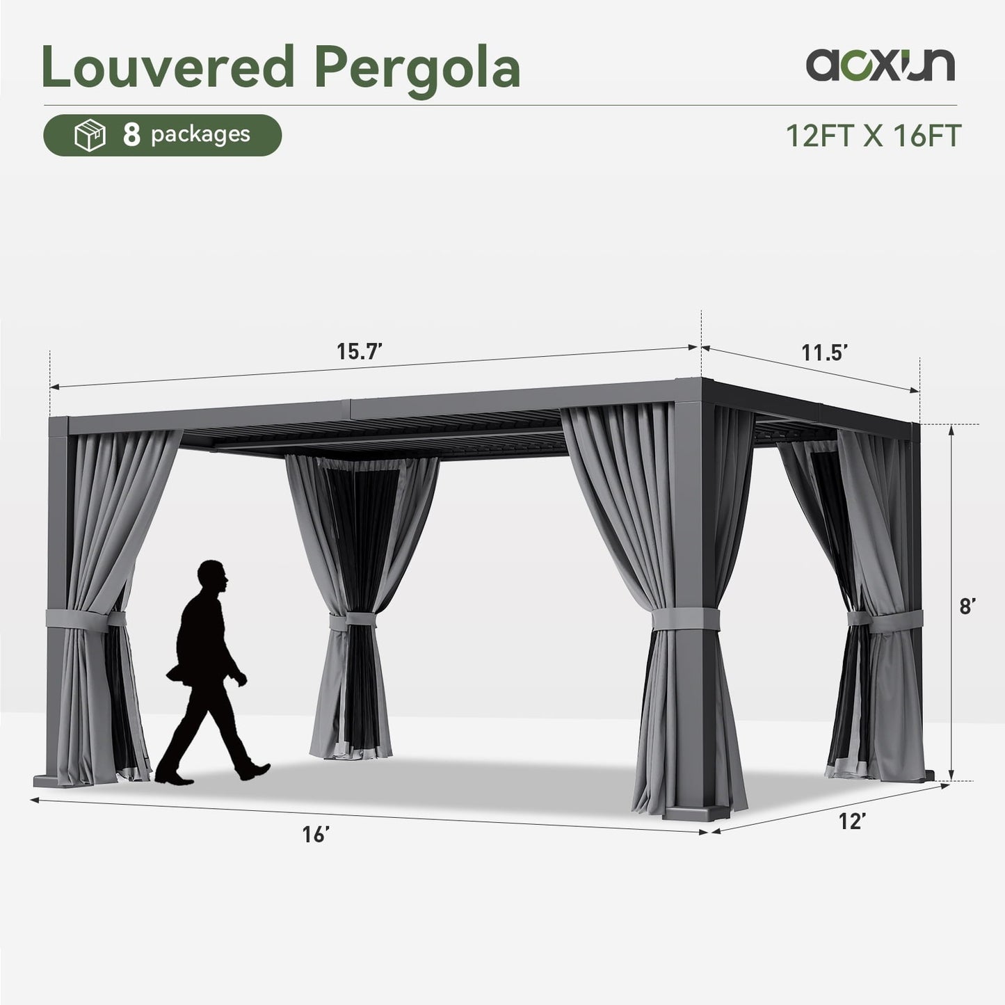 Mazonvintage Louvered Pergola 12' x 16' Outdoor Aluminum Pergola with Adjustable Top for Decks, Gardens and Backyards, Gray