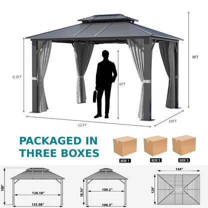 Mazonvintage 10 ft. x 12 ft. Outdoor Hardtop Gazebo, Galvanized Steel Double Roof Gazebo with Curtain and Netting, Gray