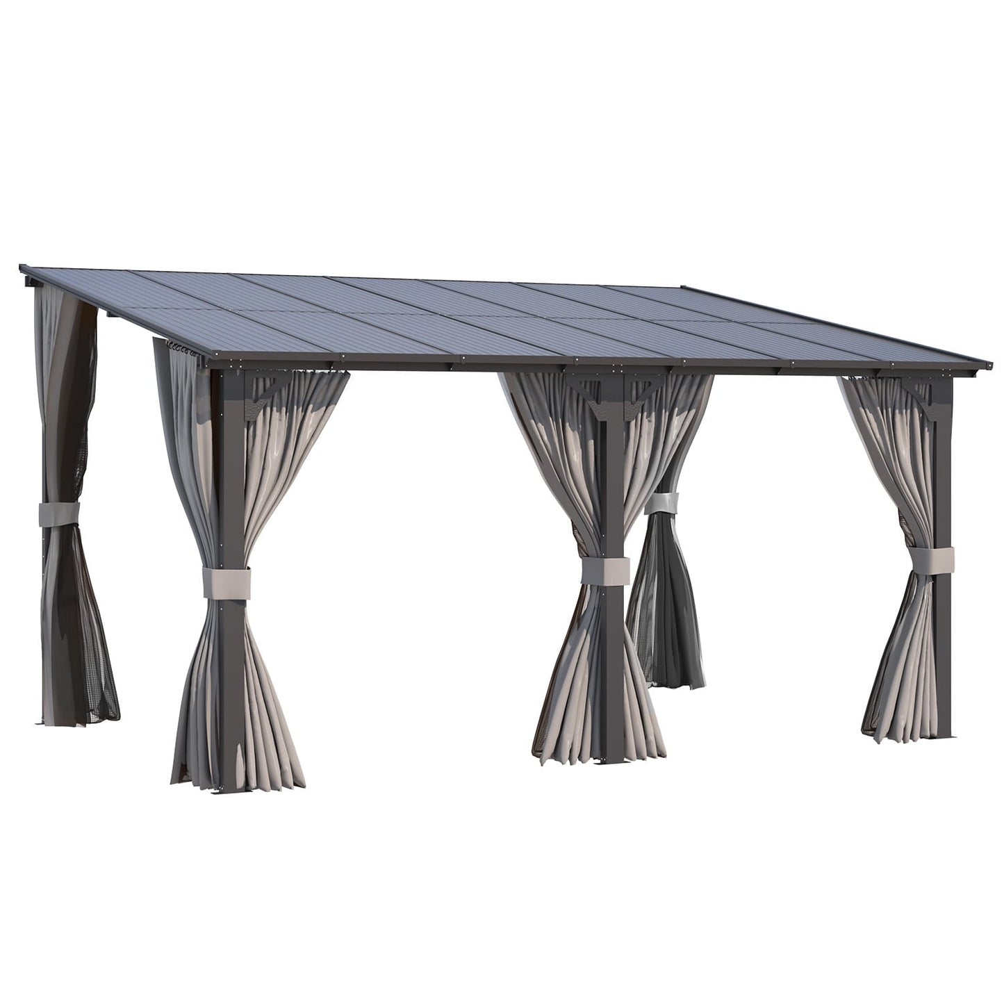 Mazonvintage 14' x 10' Lean to Gazebo with Netting and Curtain Outdoor Hardtop Gazebo Aluminum Metal Pergola ​For Garden, Patio, Backyard-​Dark ​Gray