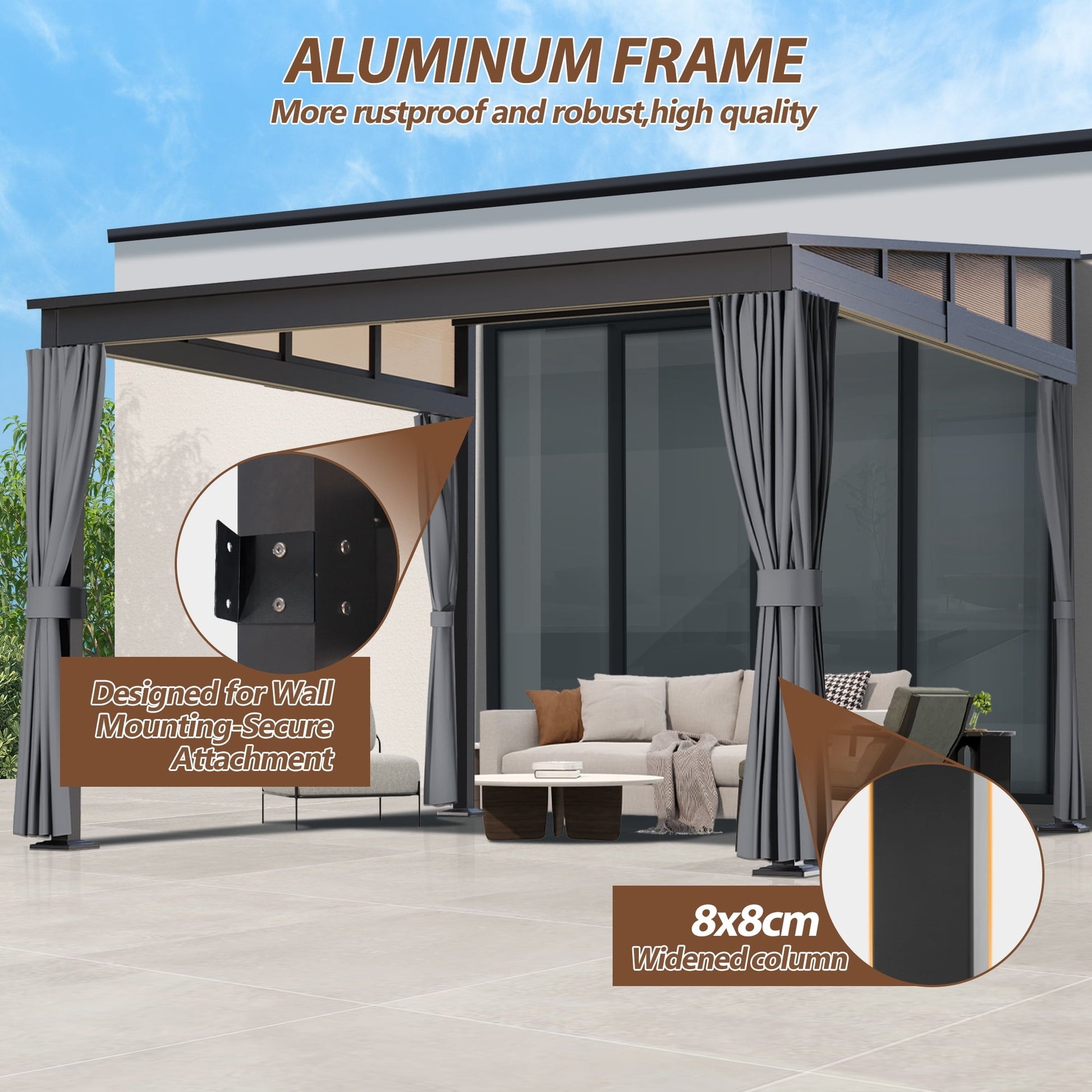 10'x 10' Wall Mounted Gazebo, Lean to Gazebo with Aluminum Frame, Polycarbonate Hardtop Gazebos Pergola with Sloping Roof for Outdoor, Mazonvintage, Patio