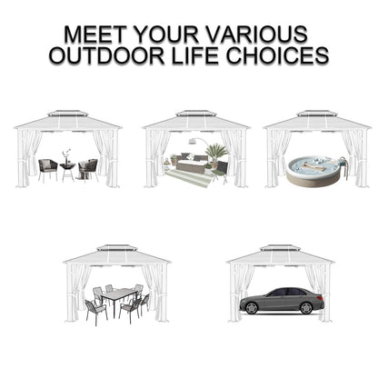 Mazonvintage 12' x 10' Double Roof Hardtop Gazebo, Aluminum Frame with Netting & Curtains