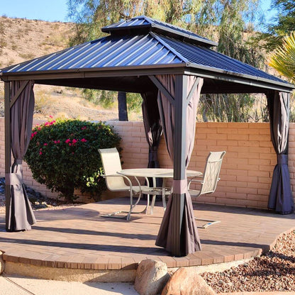 Mazonvintage 10' x 14' Permanent Mazonvintage Gazebo Aluminum Frame Gazebo with Galvanized Steel Double Roof, UV-Resistant for Mazonvintage Patio Lawn and Garden, Netting & Curtains included - Grey