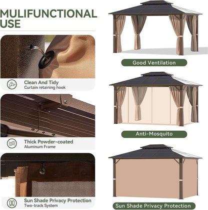 Mazonvintage 10'x12' Hardtop Gazebo, Aluminum Frame Permanent Pavilion, Outdoor Polycarbonate Gazebo, Double Roof Canopy, and 20” Outdoor Fan Lights