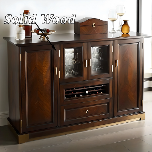 Walnut Wood Wine Cabinet with Elegant Gold Handles and Grid Storage Design