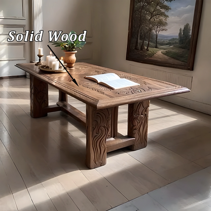 Handcrafted Solid Wood Coffee Table with Intricate Carvings, Rustic Luxury Design