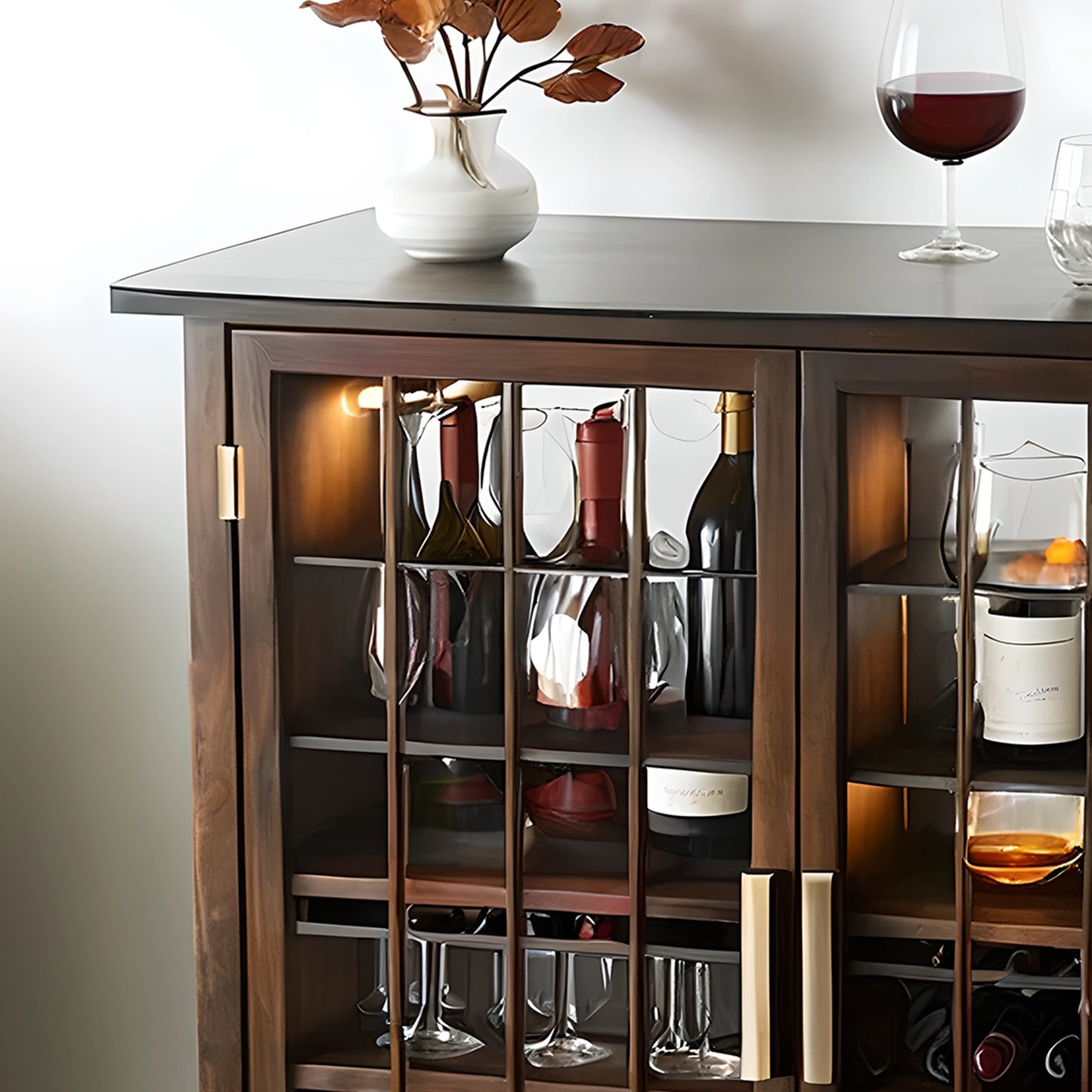 Modern Wooden Wine Cabinet with Glass Doors, Luxury Storage for Wine Bottles and Glasses