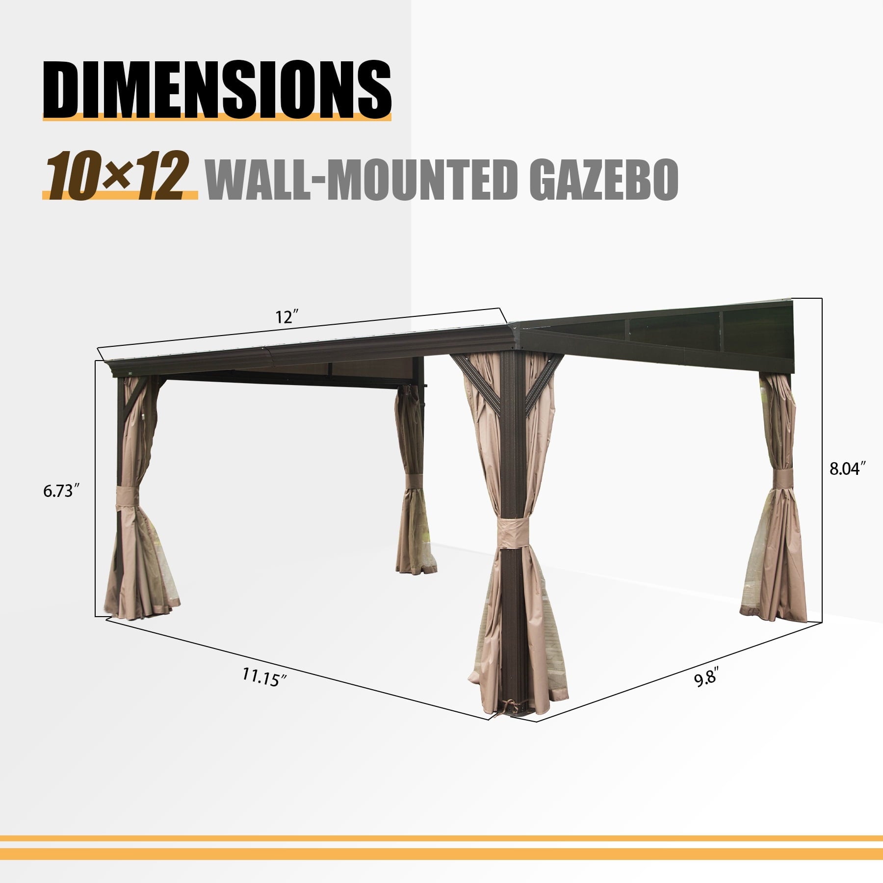 Mazonvintage Outdoor Living 10' x 12' Hardtop Lean-to Gazebo, Wall-Mounted with Galvanized Steel Roof Wall Pergola with Aluminum Frame, Curtains and Netting, for Patio, Deck, Garden, Backyard