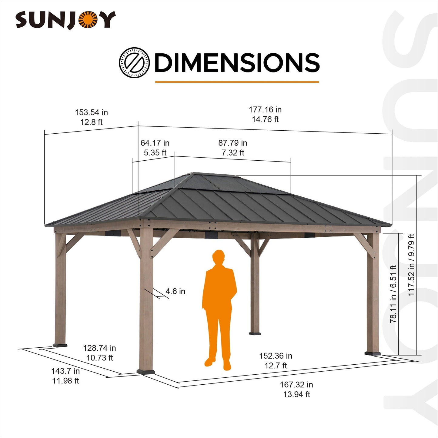 Mazonvintage Hardtop Gazebo 13 x 15 ft. Standard Cedar Framed Wood Gazebo, Outdoor Patio Gazebo with Dark Brown Steel and Polycarbonate Hip Roof and Ceiling Hook, Dark Brown Roof + Dark Wood Frame