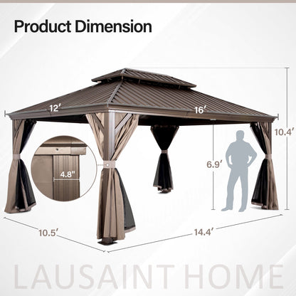 Mazonvintage HOME 12' x 16' Hardtop Patio Gazebo, 2-Tier Permanent Aluminum Hardtop with Mosquito Netting and Privacy Curtain, Brown