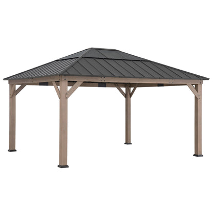 Mazonvintage Hardtop Gazebo 13 x 15 ft. Standard Cedar Framed Wood Gazebo, Outdoor Patio Gazebo with Dark Brown Steel and Polycarbonate Hip Roof and Ceiling Hook, Dark Brown Roof + Dark Wood Frame